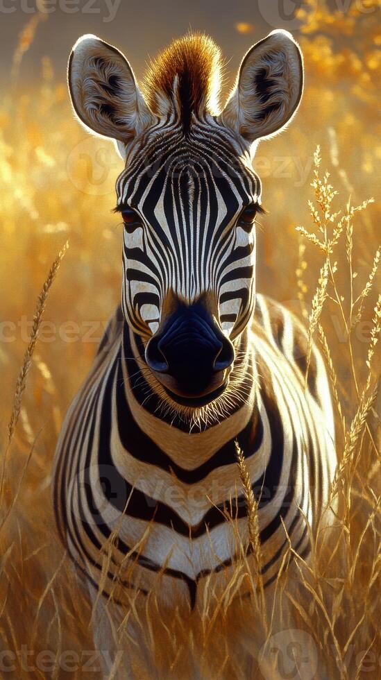 Close view of a zebra in golden grassland during sunset in the African savanna photo