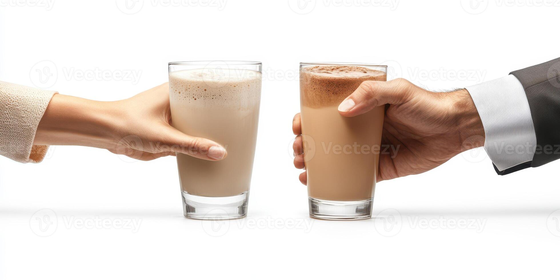 Two hands exchanging glasses of brown beverages in a minimalist setting photo