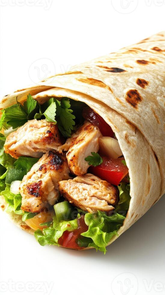 Chicken wrap filled with fresh vegetables and herbs served in a toasted tortilla photo