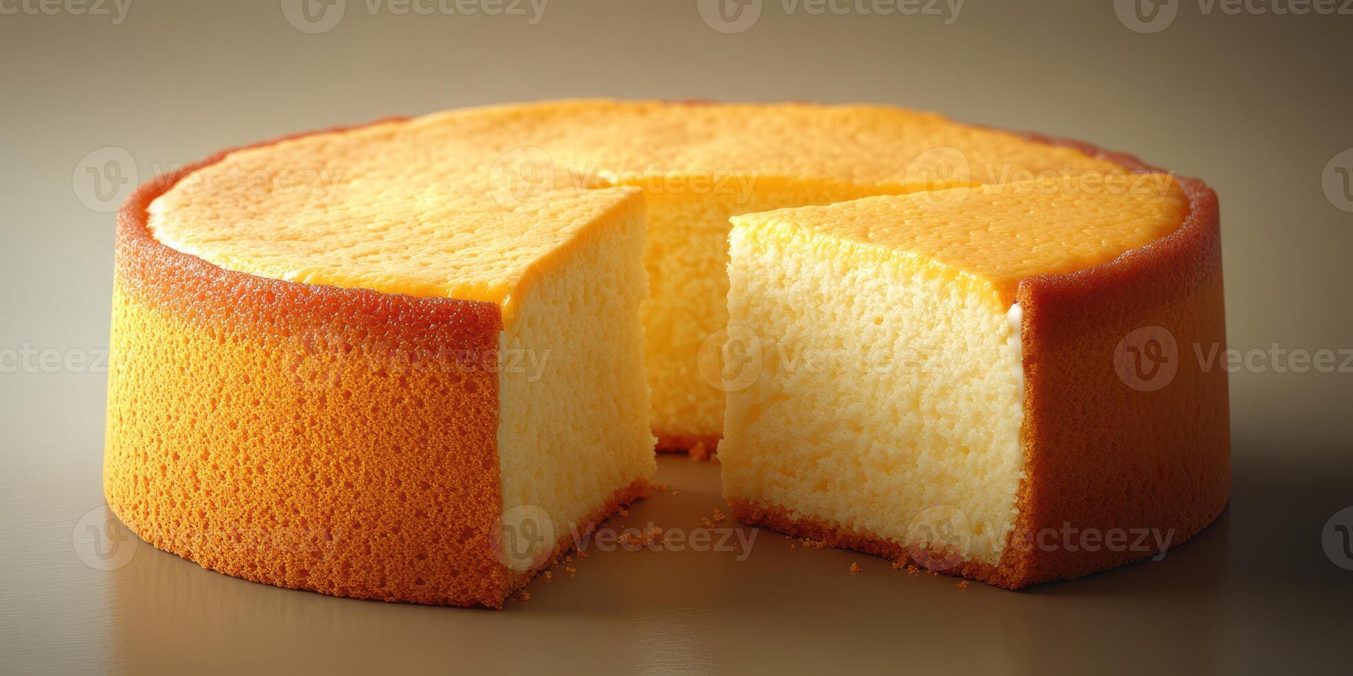 Delicious fluffy cake with a perfectly sliced piece revealing its soft texture photo