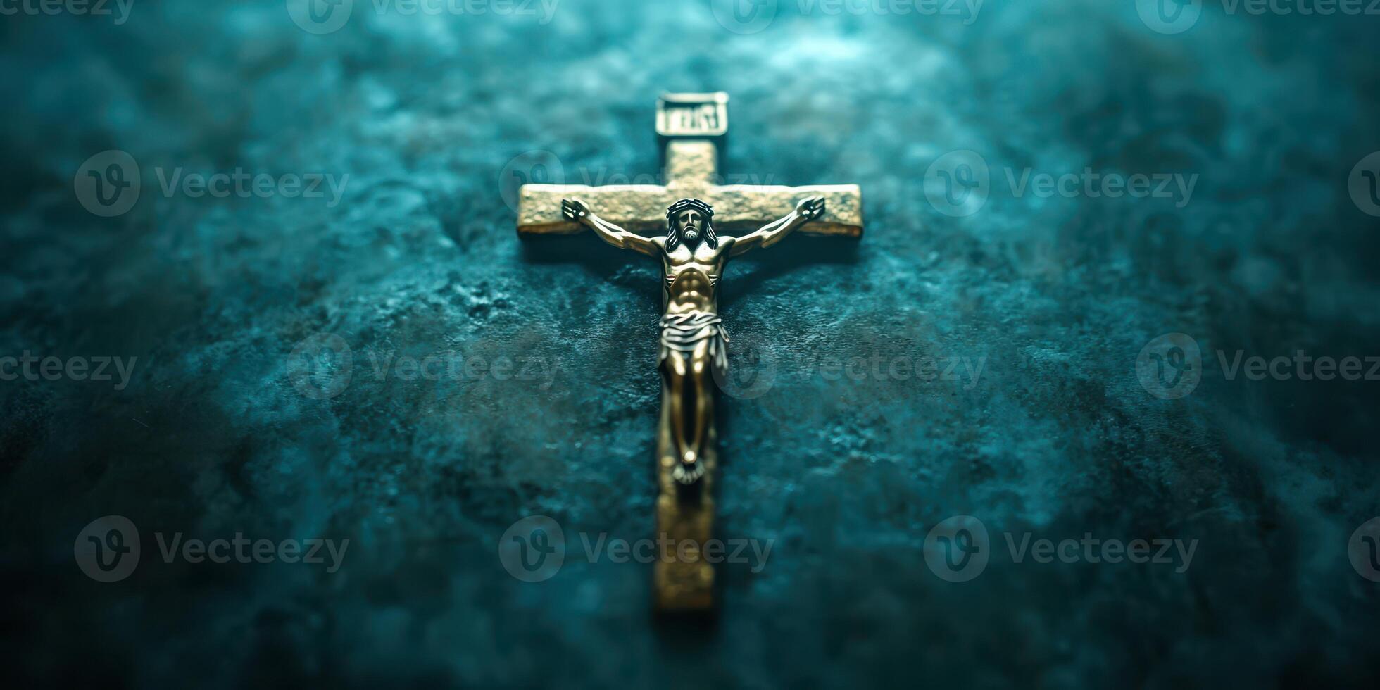 Detailed depiction of a metallic crucifix with Christ on display on a textured surface illuminated by soft light photo