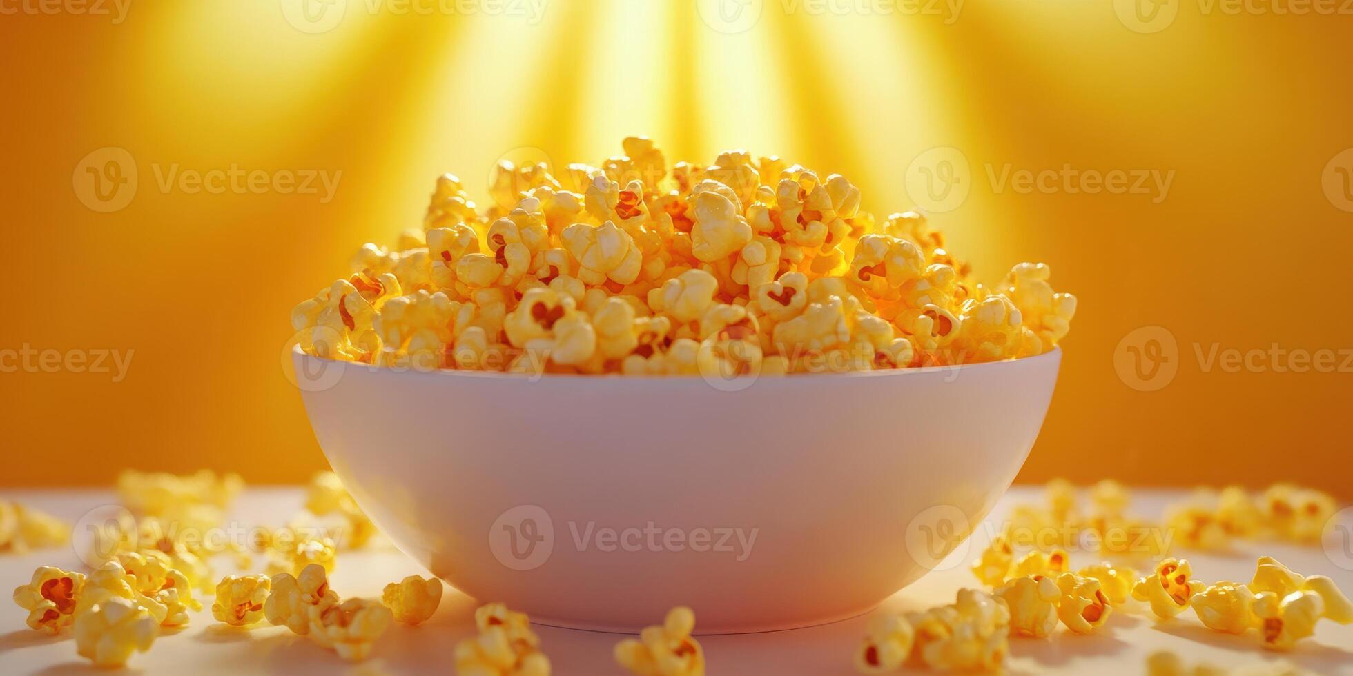 Popcorn in a bowl glowing under bright light, perfect for movie nights and gatherings photo
