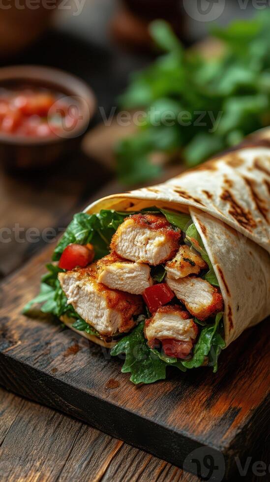 Grilled chicken wrap with fresh vegetables and salsa served on a rustic wooden table photo