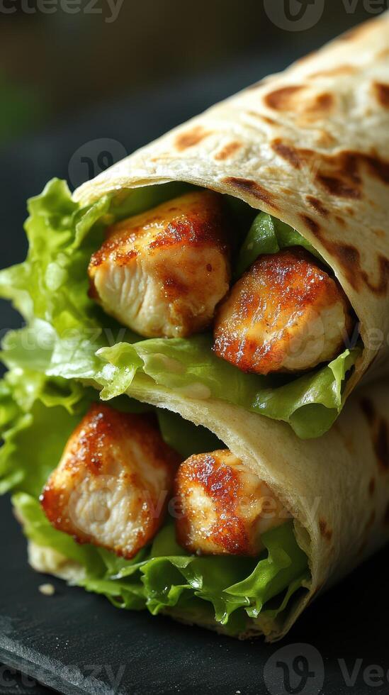 Delicious grilled chicken wraps filled with fresh lettuce served on a black plate photo