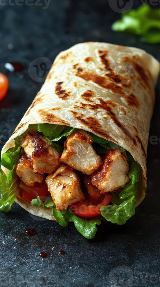 Delicious grilled chicken wrap featuring fresh vegetables in a soft tortilla served on a dark background photo