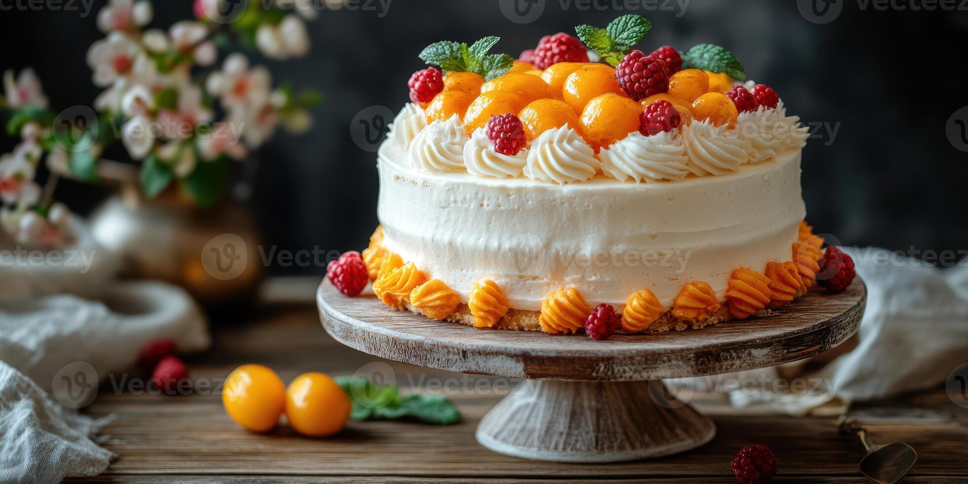 Colorful fruit-topped cake on a rustic wooden table surrounded by flowers and garnishes photo