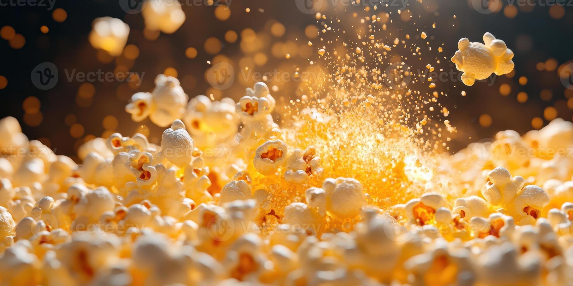 Popcorn kernels explode in a burst of fluffy texture and color during a cooking process in a warm kitchen setting photo