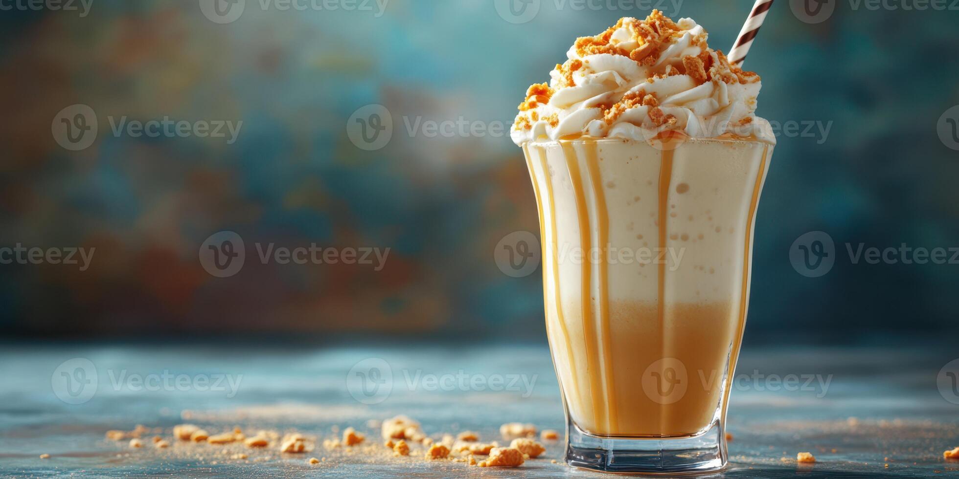 Creamy dessert drink topped with whipped cream and crumbs served in a tall glass at a cafe photo