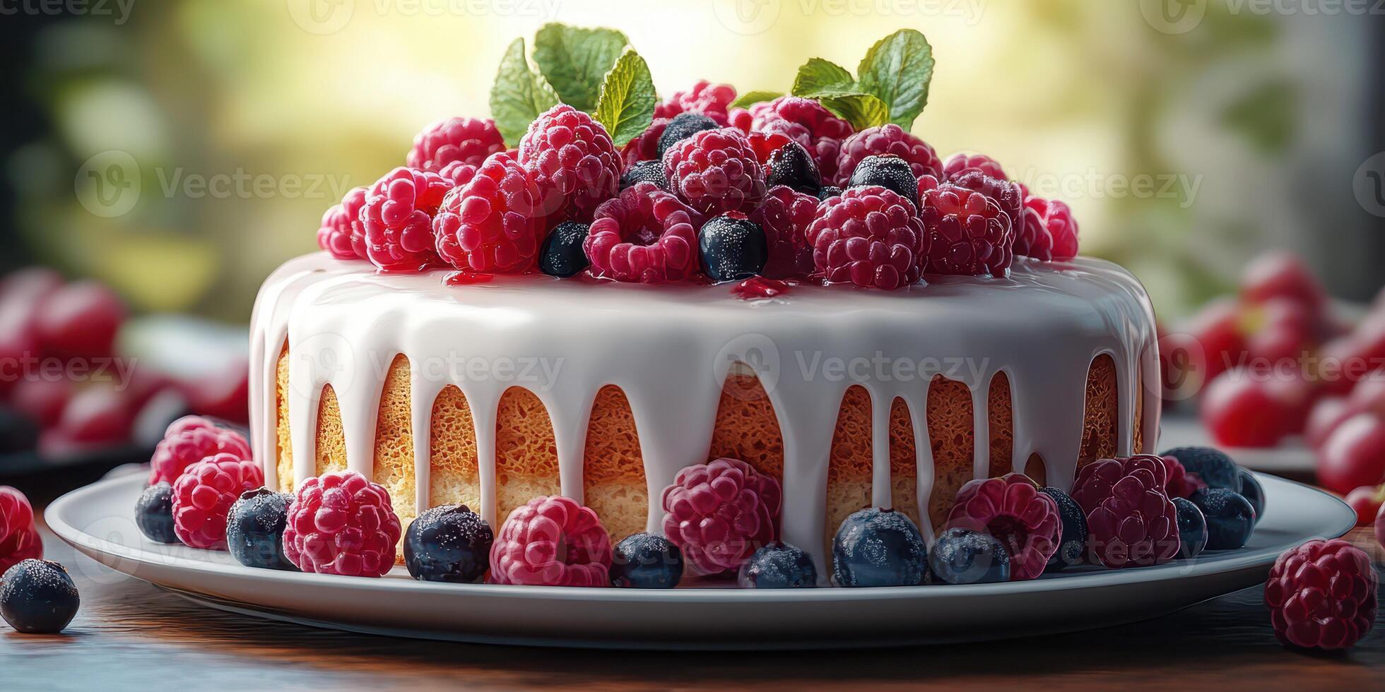 Delicious cake topped with fresh berries and cream served on a rustic table in warm sunlight photo
