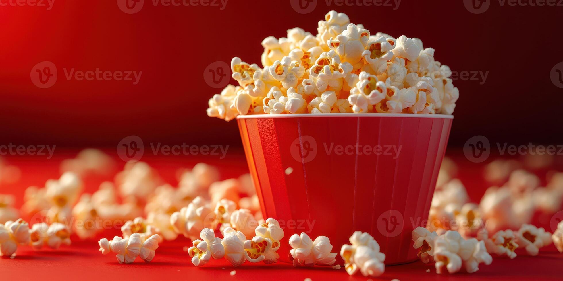 Freshly popped popcorn overflowing from a red container on a vibrant red background for a satisfying snack experience photo