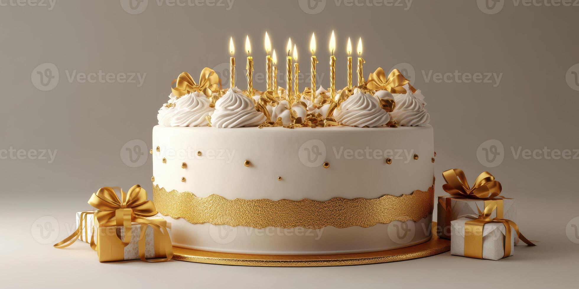 Celebration cake with golden decorations and lit candles for a festive occasion photo