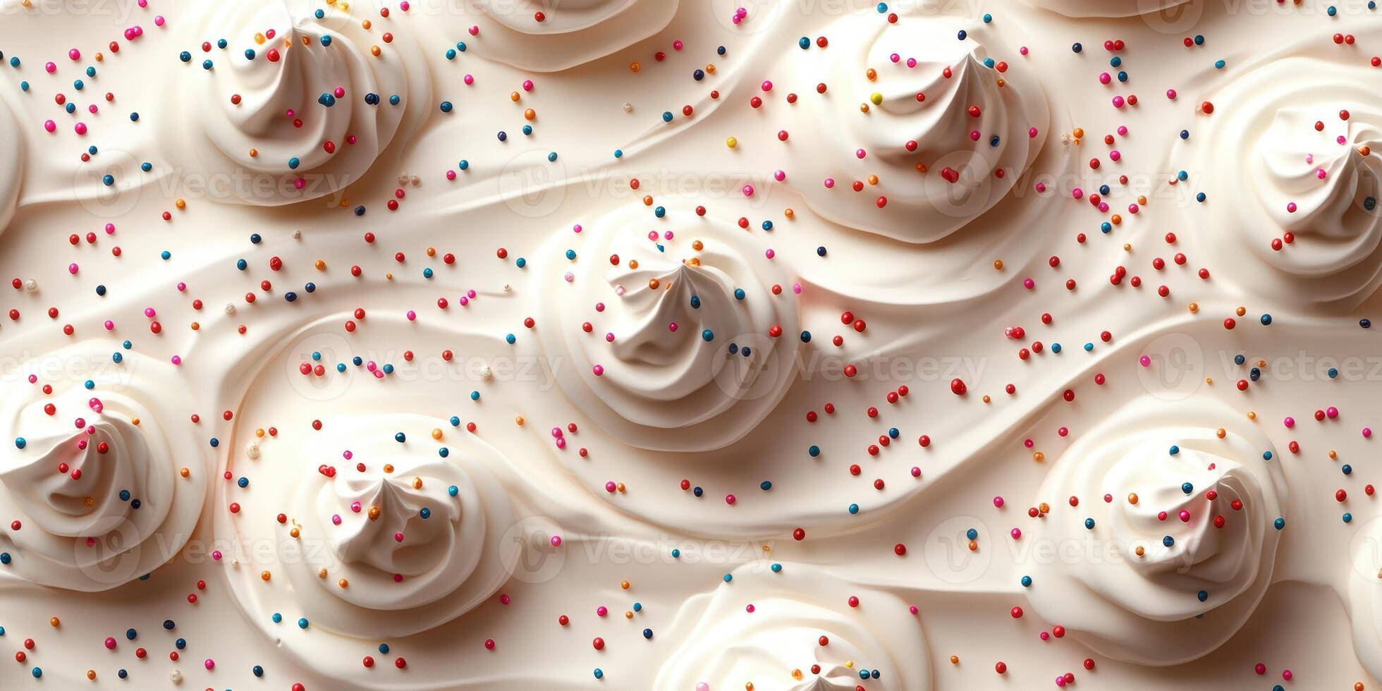 Delightful swirls of whipped cream topped with colorful sprinkles on a smooth surface in a dessert setting photo