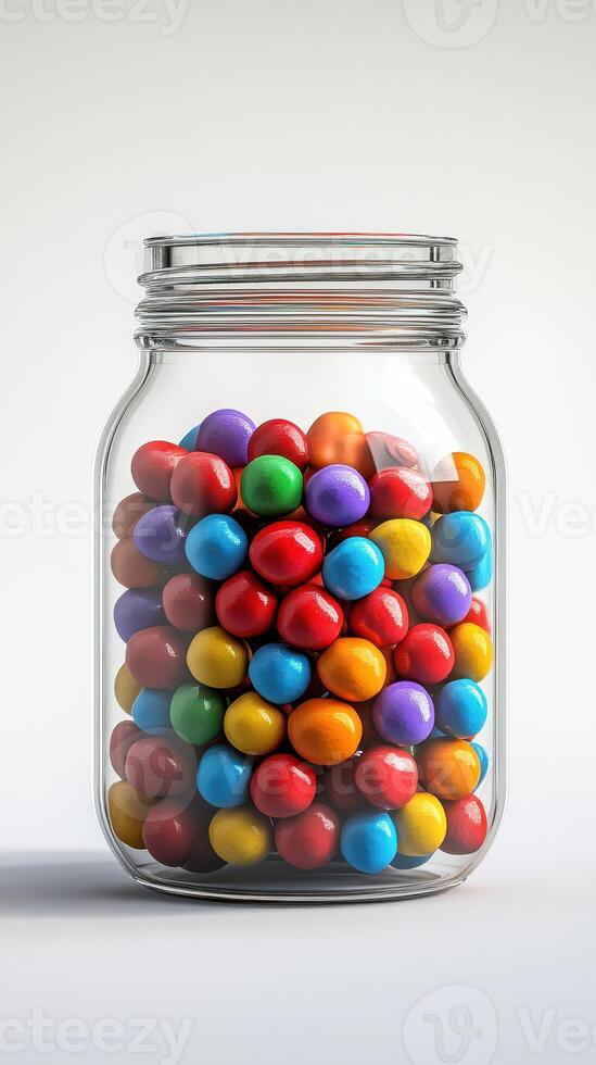 Colorful gumballs fill a clear jar, creating a vibrant display of candy variety and sweetness photo