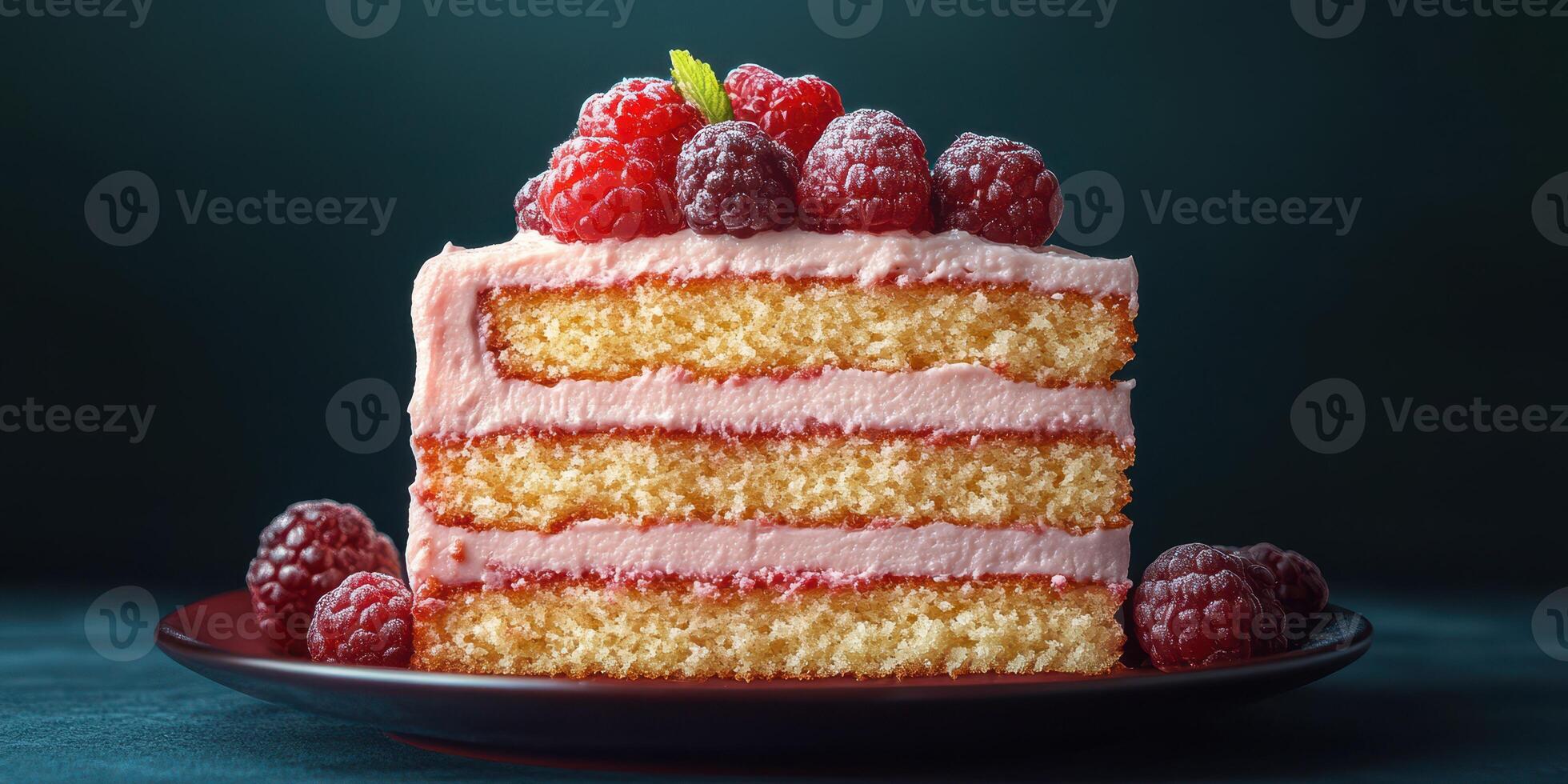 Delicious layered raspberry cake garnished with fresh berries on a dark background in a cozy kitchen setting photo