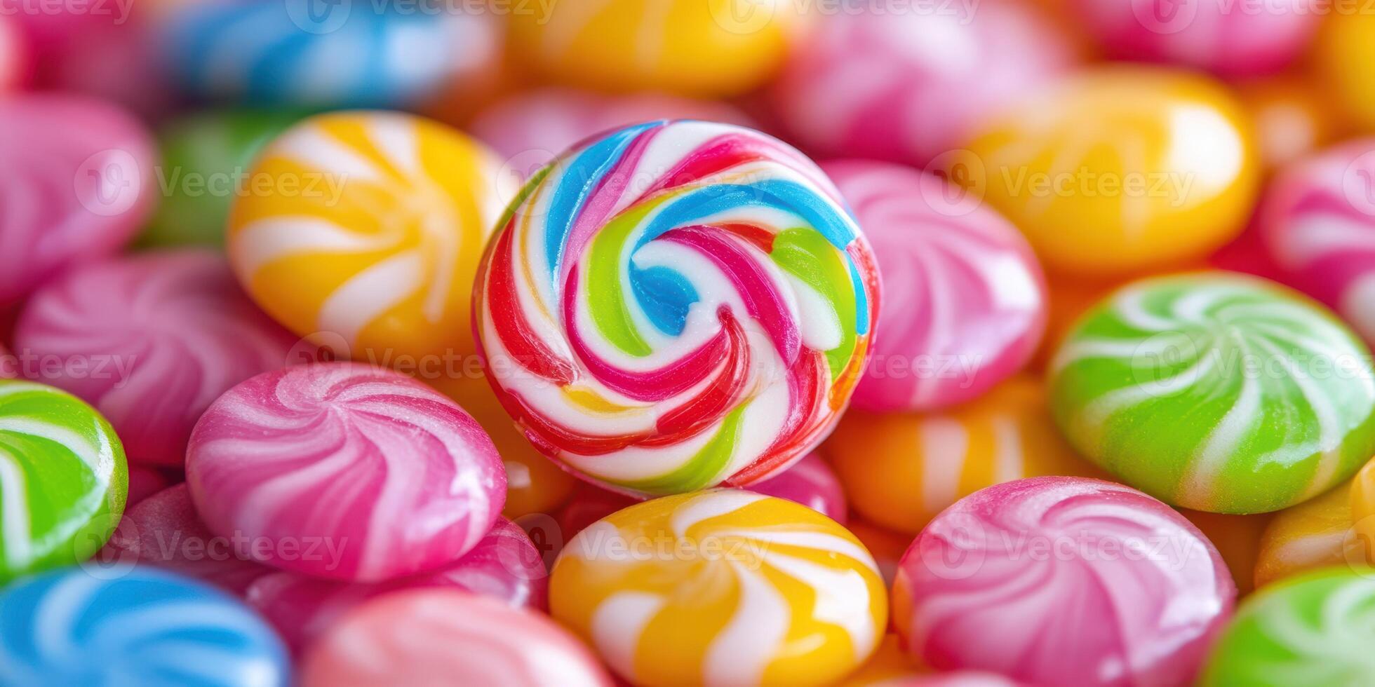Colorful lollipops and candy scattered on a vibrant background inviting sweet indulgence photo