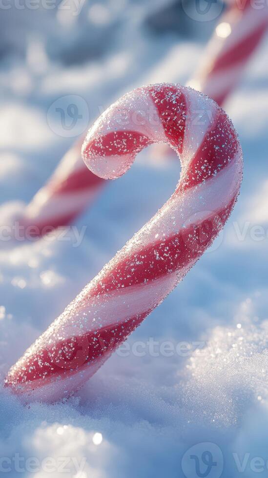 Candy canes adorn a winter wonderland with sparkling snow creating a festive and cheerful atmosphere photo
