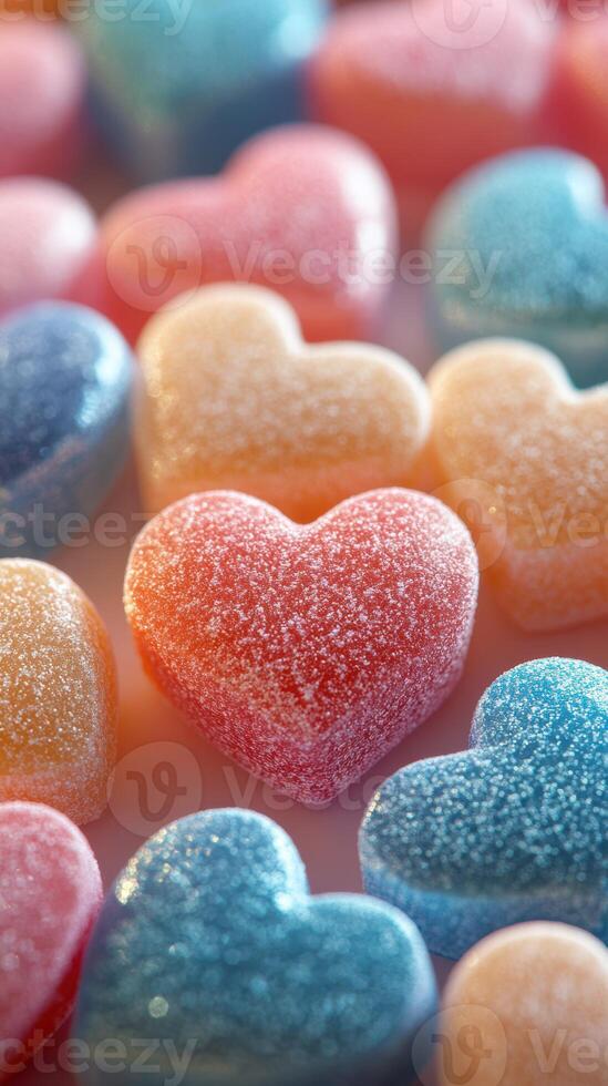 Colorful heart-shaped candies arranged in a playful manner on a white background, showcasing vibrant hues and sugary textures photo