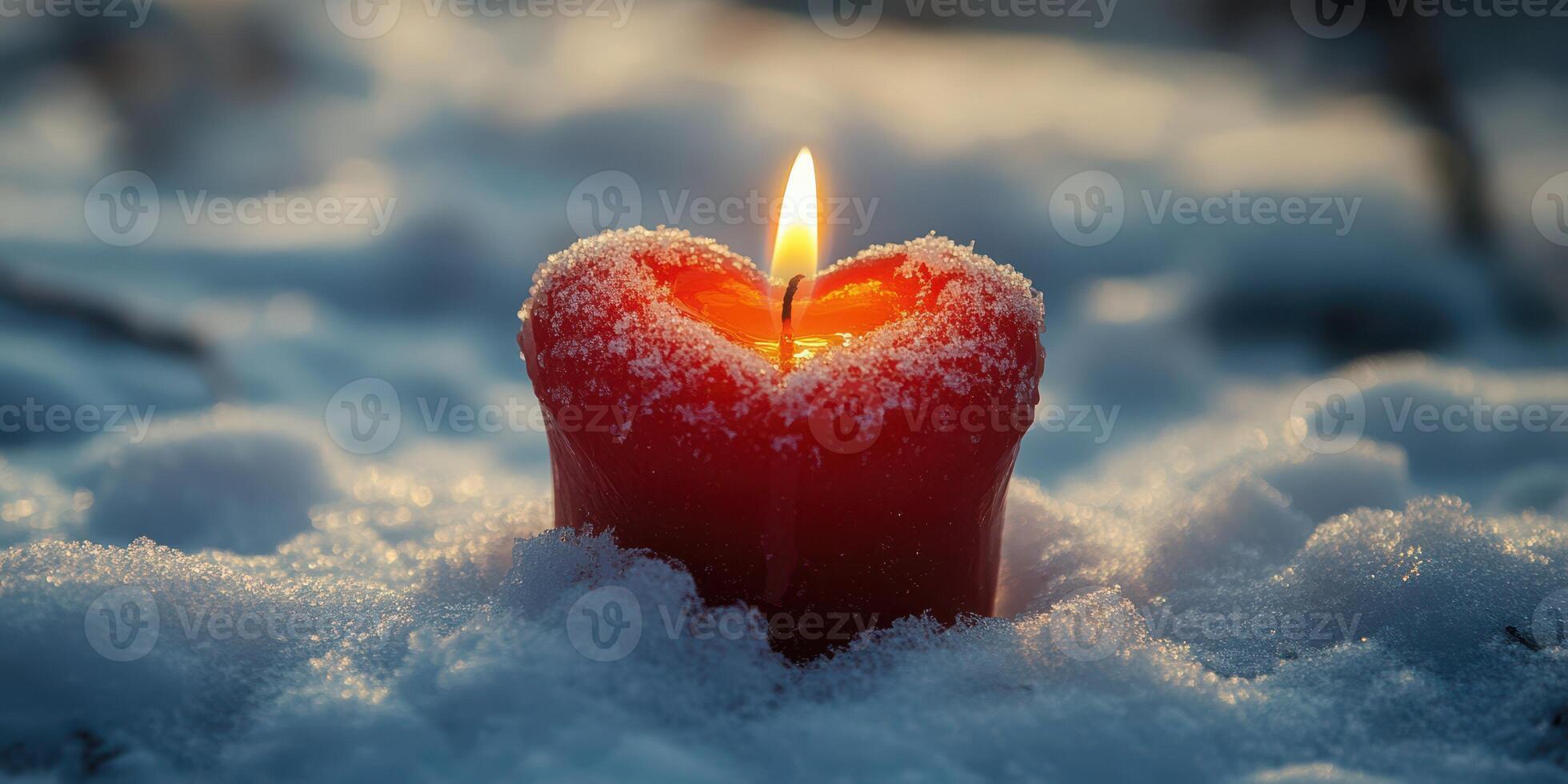 Heart-shaped red candle emitting warm light on snow-covered ground in winter setting photo