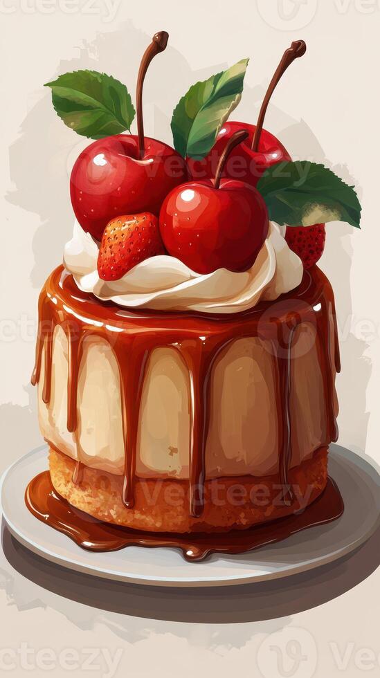 Delicious dessert featuring creamy cake topped with cherries and strawberries in a cozy setting photo