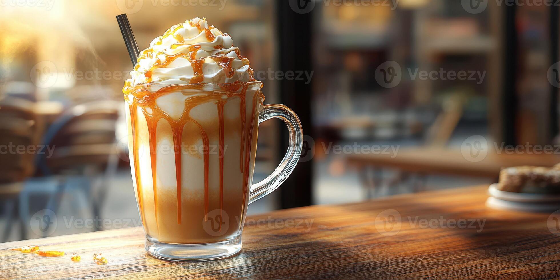Caramel topped dessert beverage sits on rustic table in warm cafe atmosphere during sunset photo