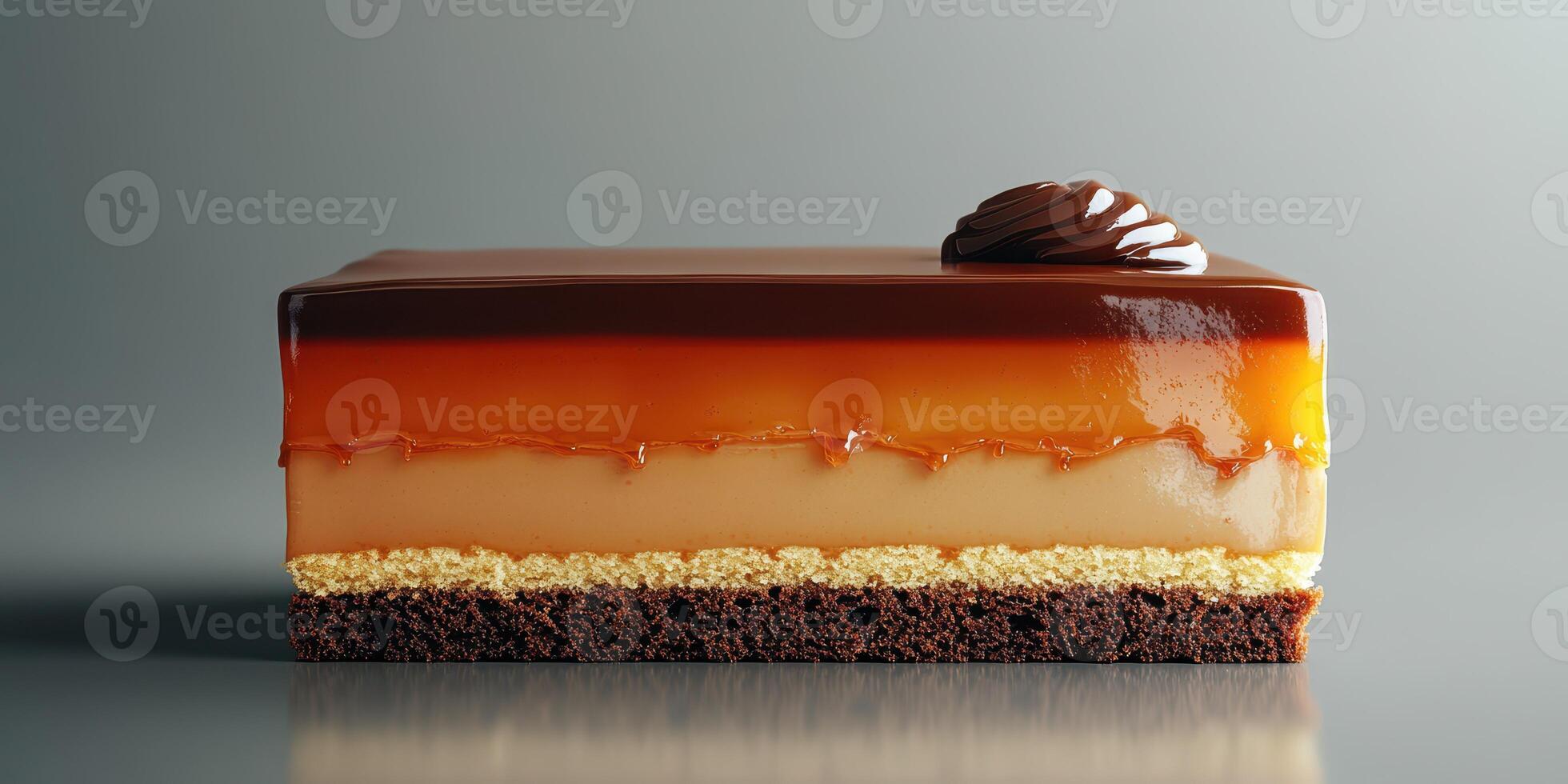 Delicious layered dessert with glossy caramel, creamy filling, and chocolate topping displayed elegantly on a clean surface photo