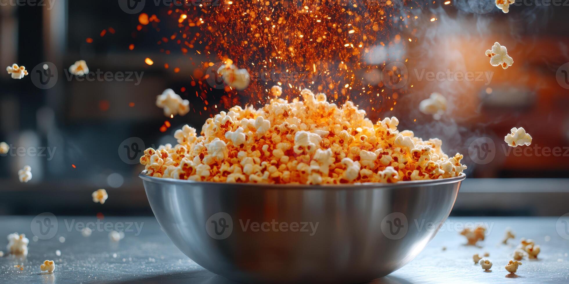 Popcorn bursts from a bowl as vibrant spices sprinkle over it in a bustling kitchen setting during a lively movie night photo