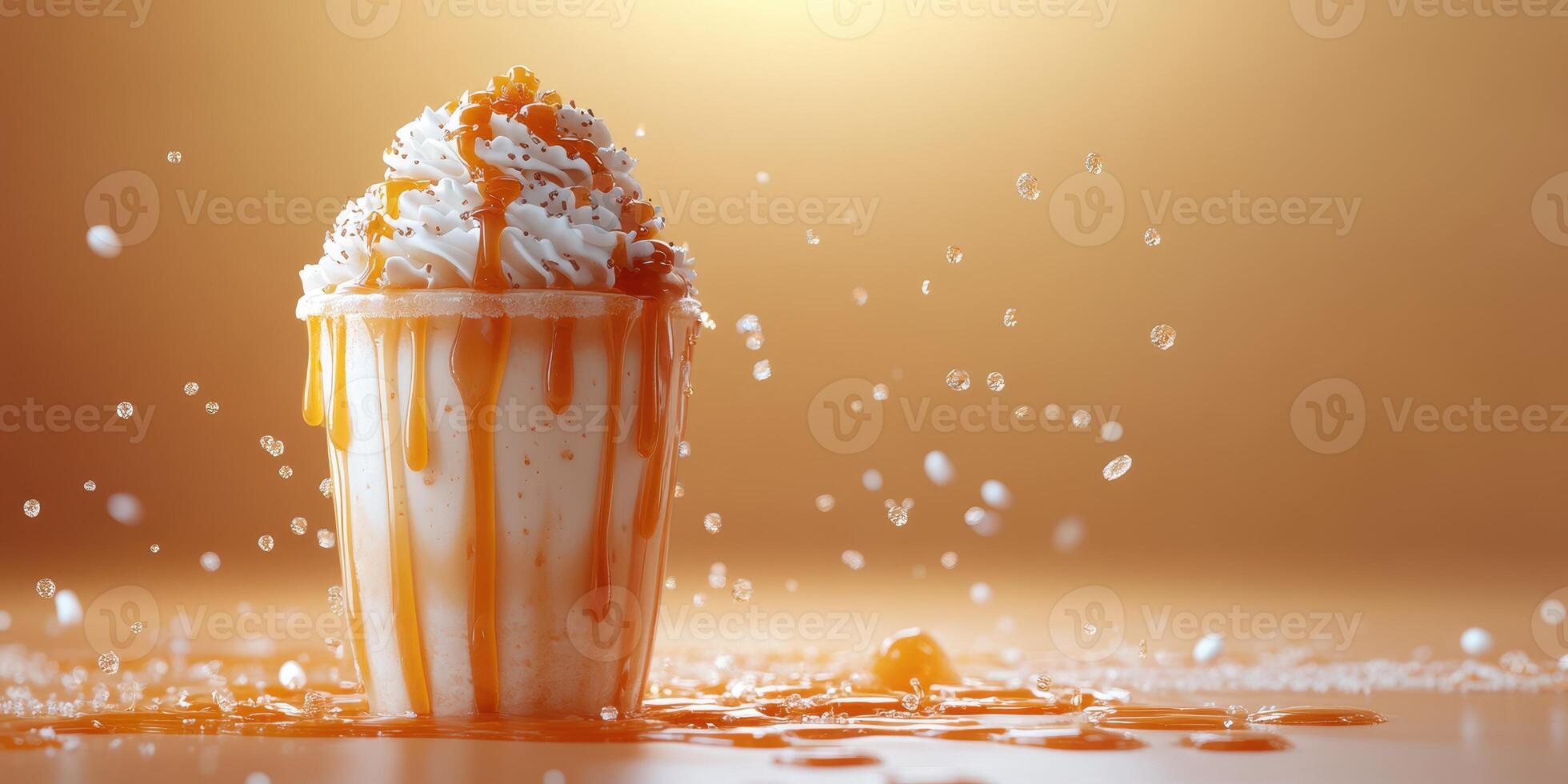 Whipped cream and caramel sauce drips gracefully from an ice cream cup with droplets against a warm golden background photo