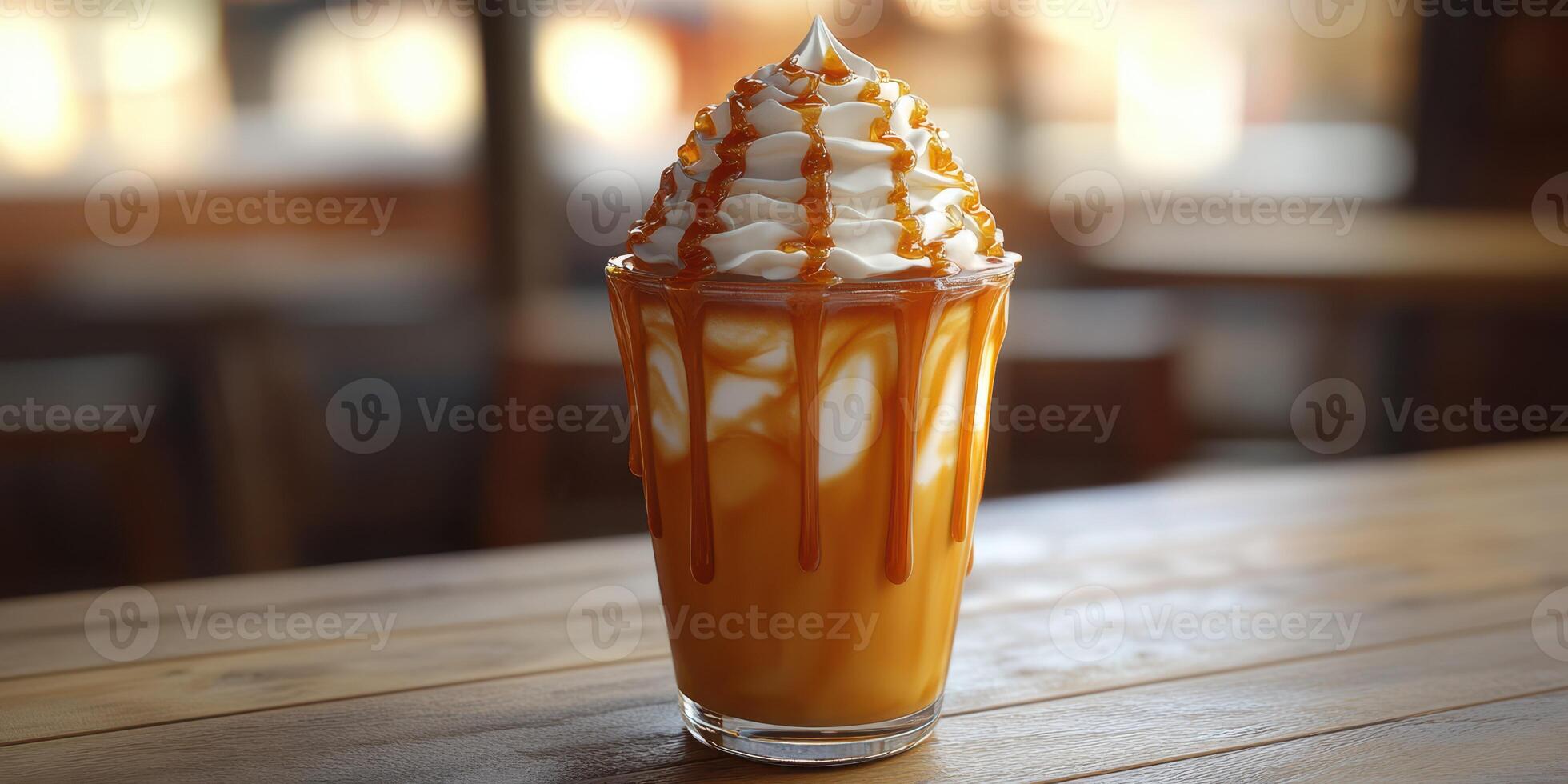 Creamy caramel drink served in a glass on a wooden table in a cozy cafe setting photo