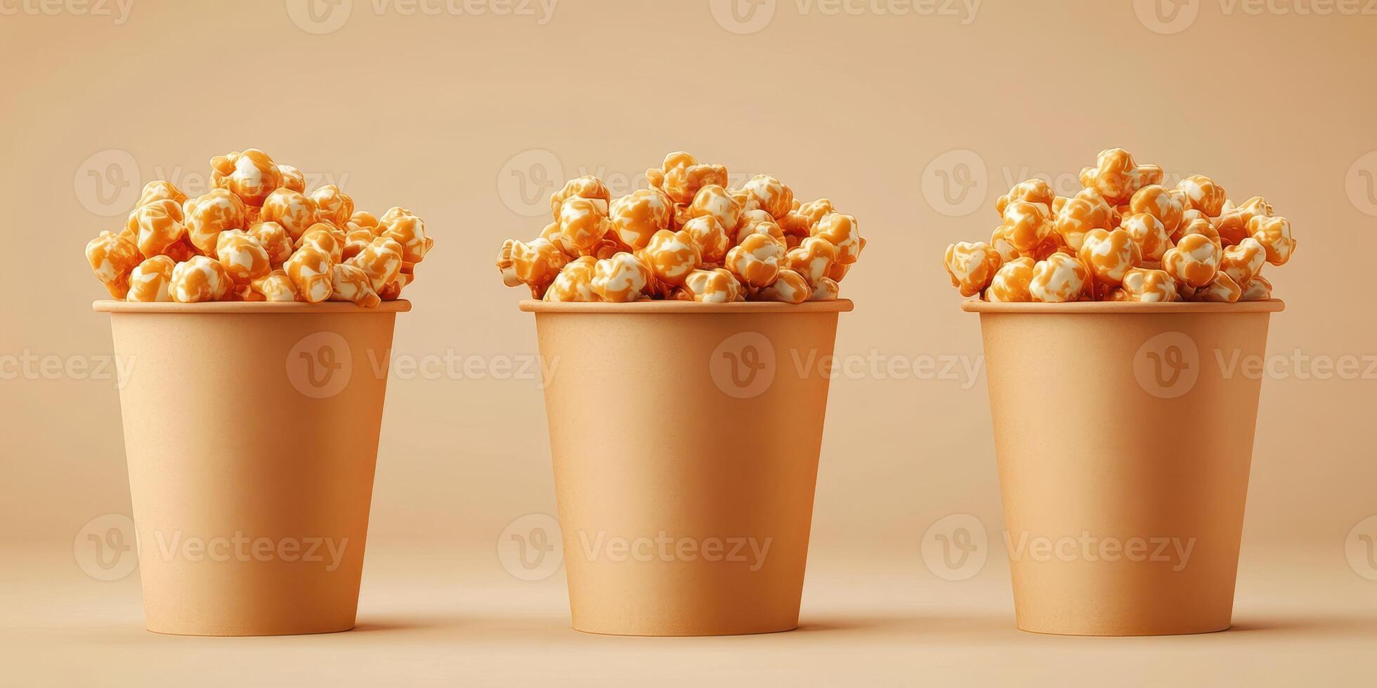 Popcorn cups overflow with buttery snack ready for movie night with friends or family gathering photo