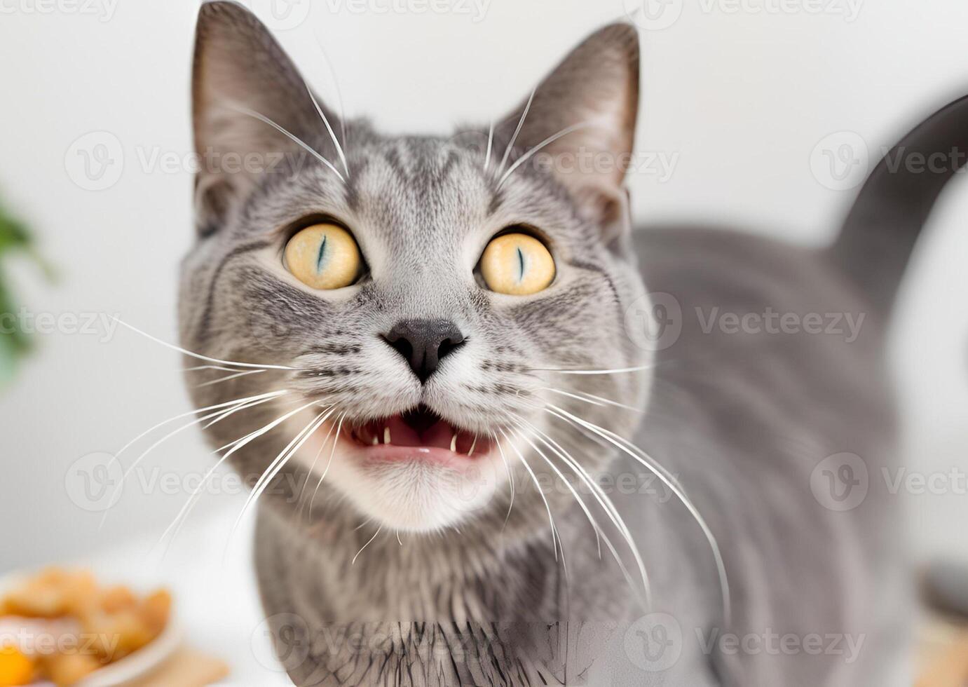 Playful Gray Cat with Wide Eyes Open Mouth Close Up Portrait photo