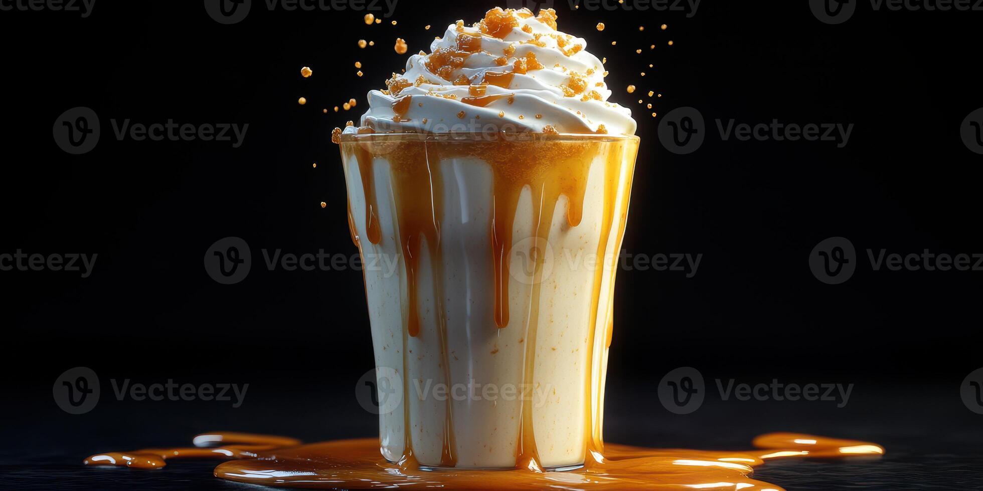 Indulgent dessert drink crowned with whipped cream and caramel sauce, overflowing on a dark surface photo