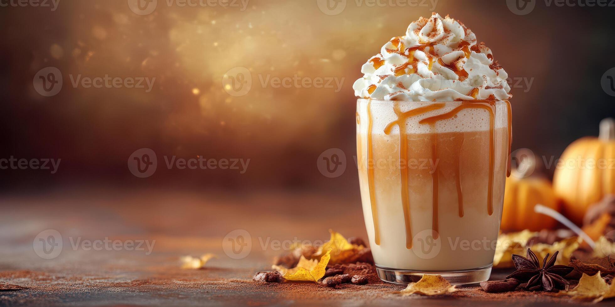 Delicious autumn-inspired drink topped with whipped cream and caramel in a cozy setting photo