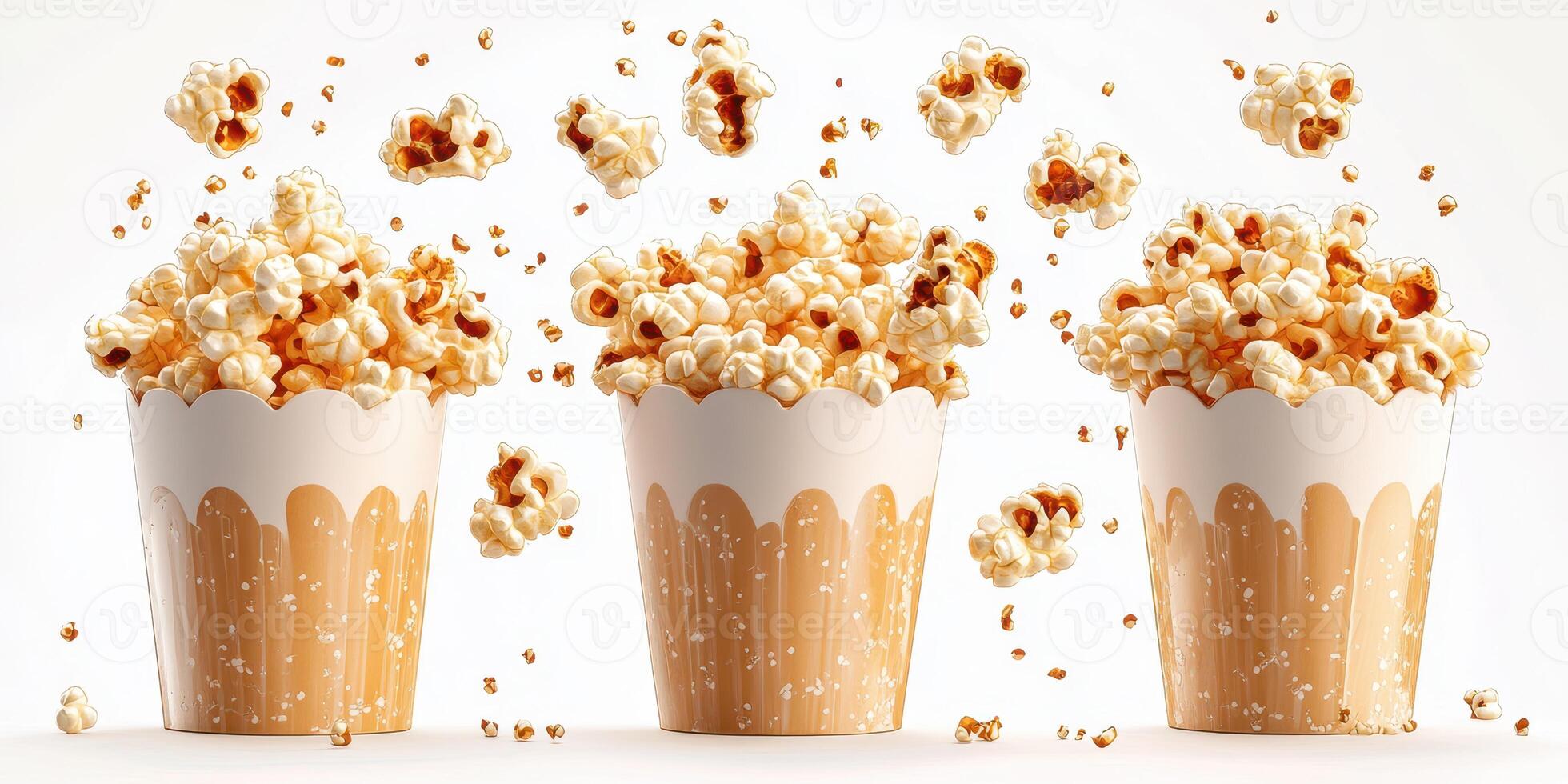 Popcorn bursting from containers in an energetic display during movie night at home photo