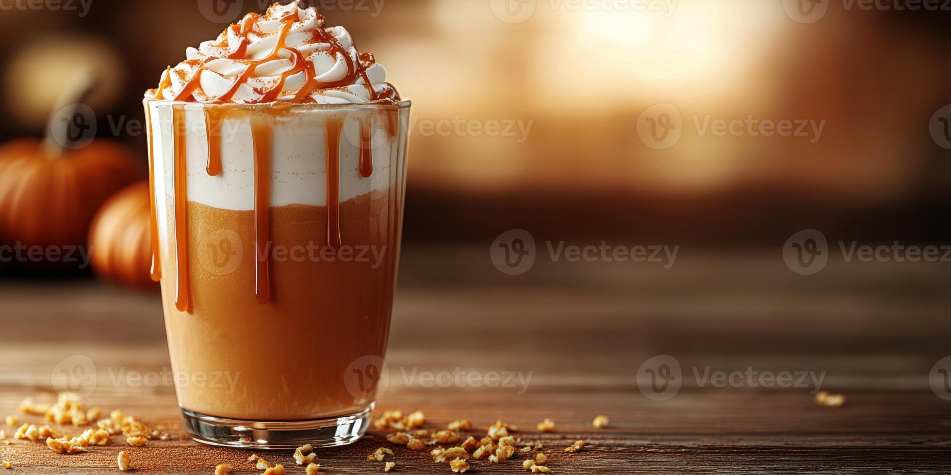 Cozy autumn drink featuring whipped cream, caramel drizzle, and pumpkin flavor in a warm setting with rustic decor photo