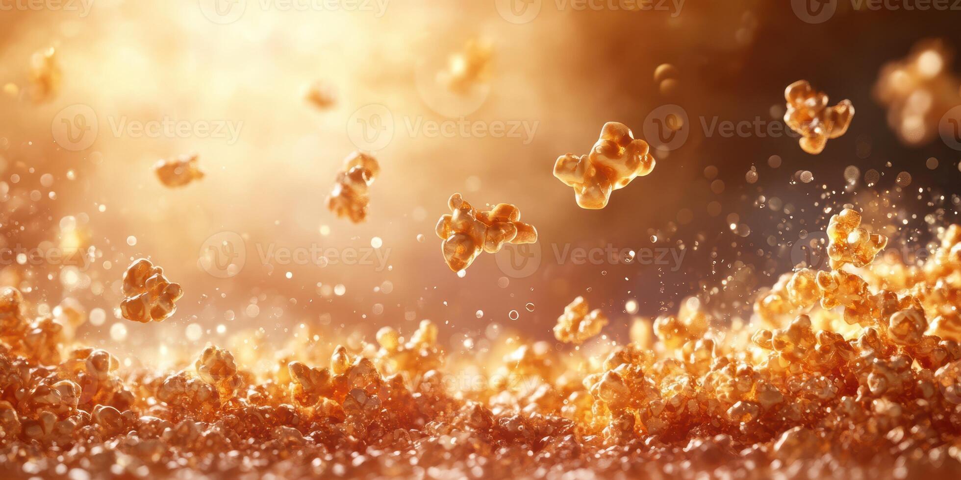 Droplets of caramel popcorn suspended in golden light during a festive occasion photo