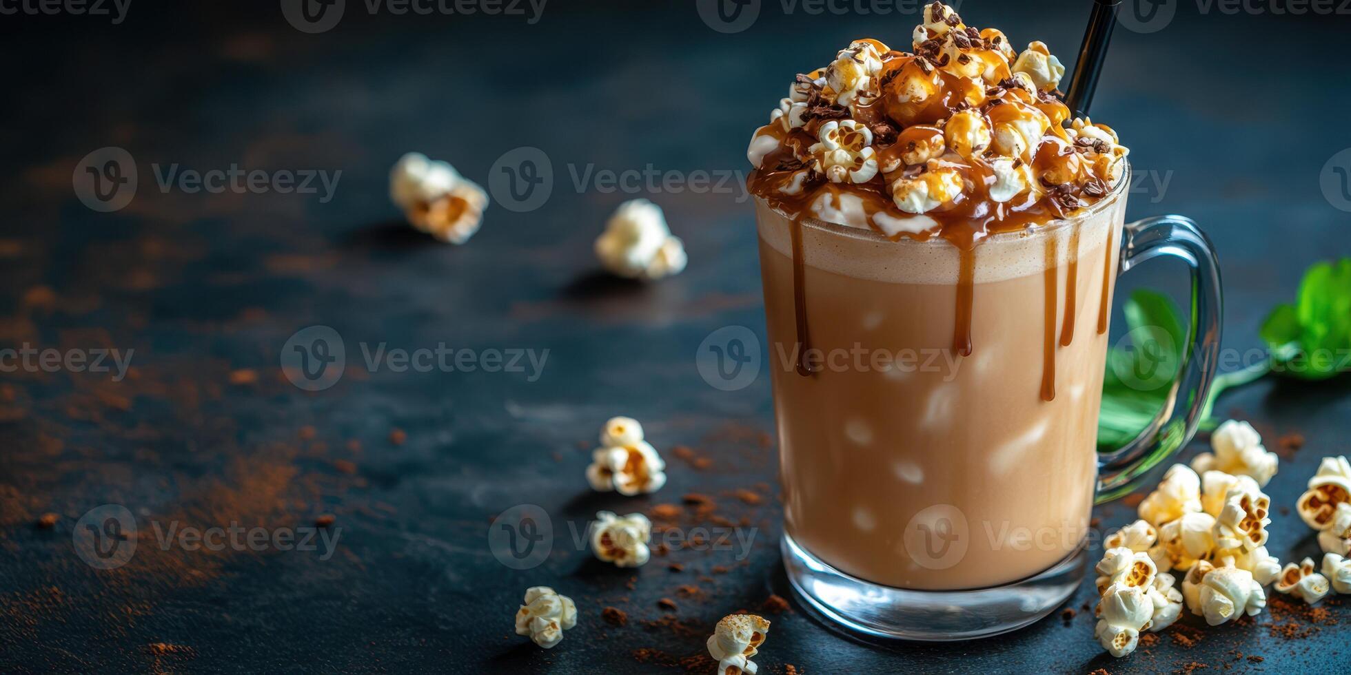 Unique iced coffee topped with caramel popcorn served in a clear glass mug on a dark background with scattered popcorn photo