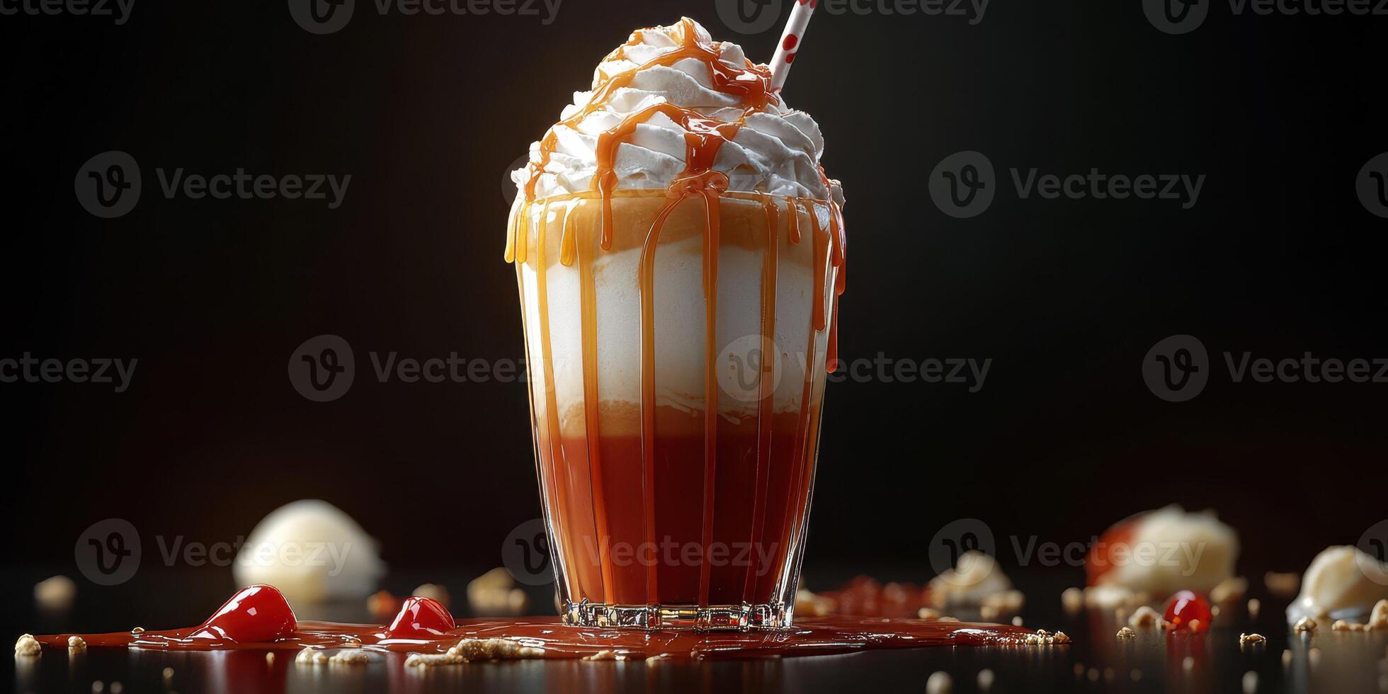 Delicious dessert drink with layers of caramel, whipped cream, and a straw served in a glass photo