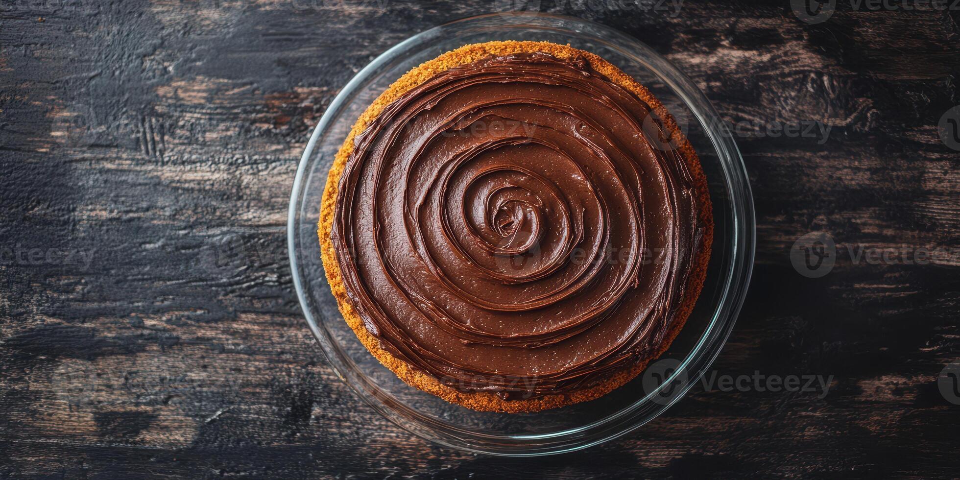 Delicious chocolate cake topped with smooth frosting on a rustic wooden table photo