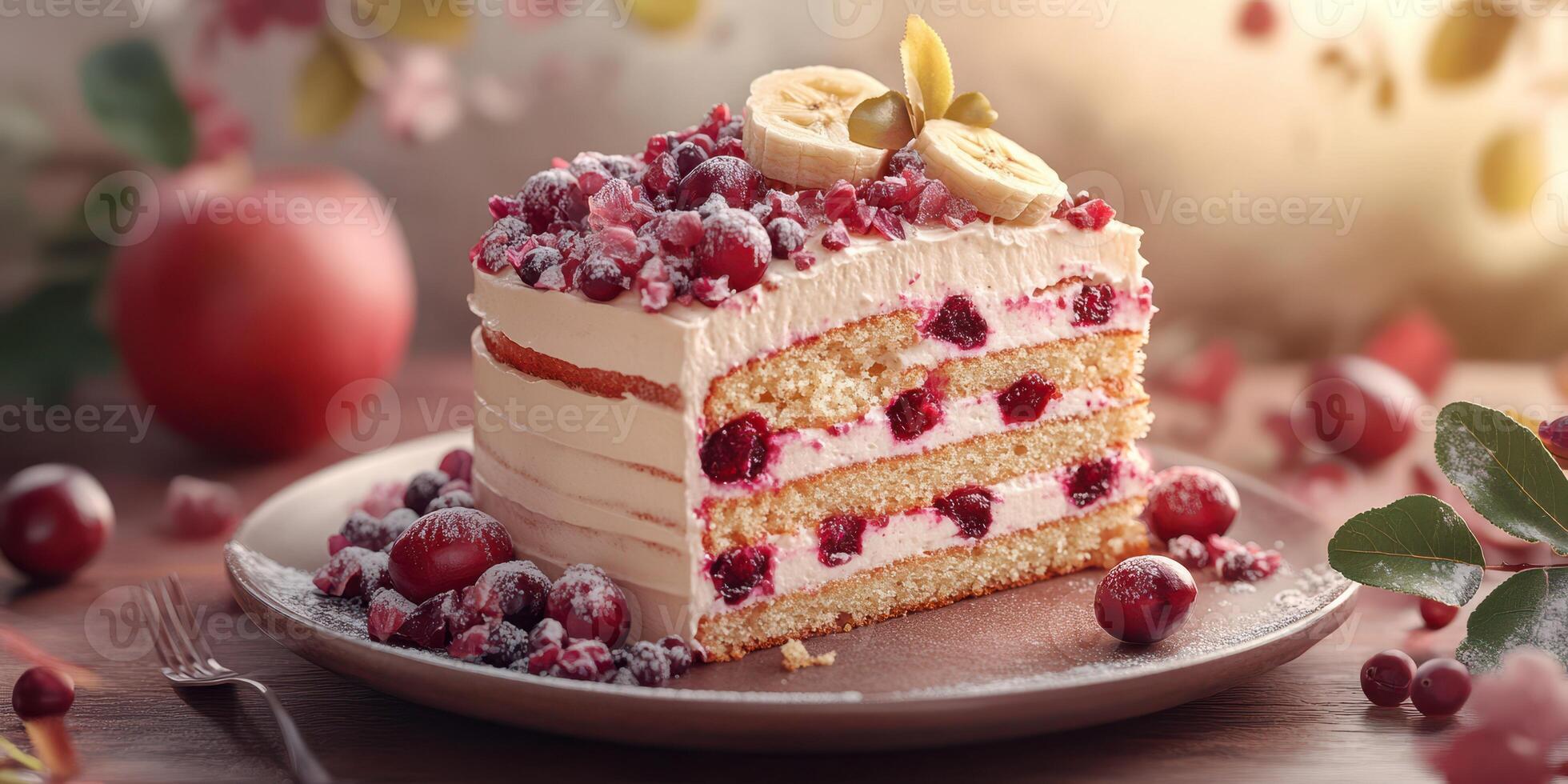 Delicious cake with layers of cream and fruit on a wooden table in a cozy setting photo