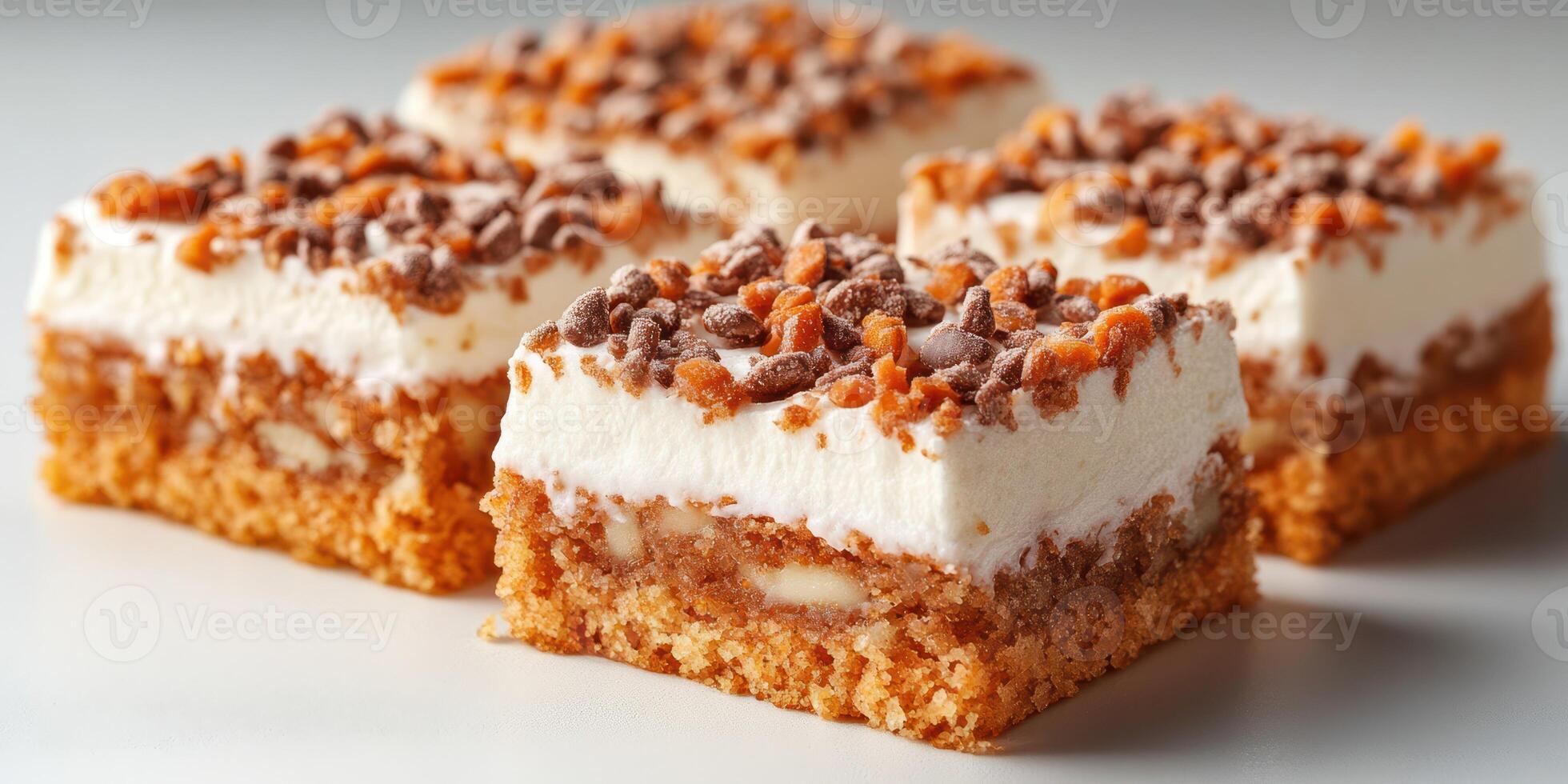 Delicious dessert squares with layers of cream, cake, and crunchy toppings enjoyed at a summer gathering photo