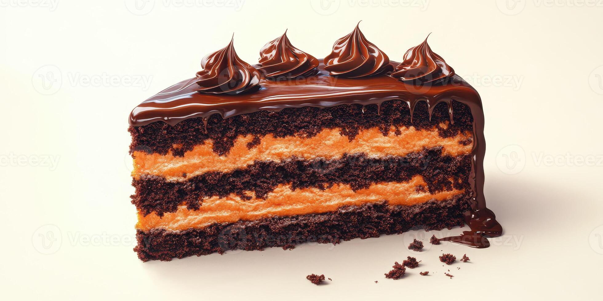 Decadent chocolate cake with orange frosting layered in rich chocolate ganache presented on a simple backdrop photo