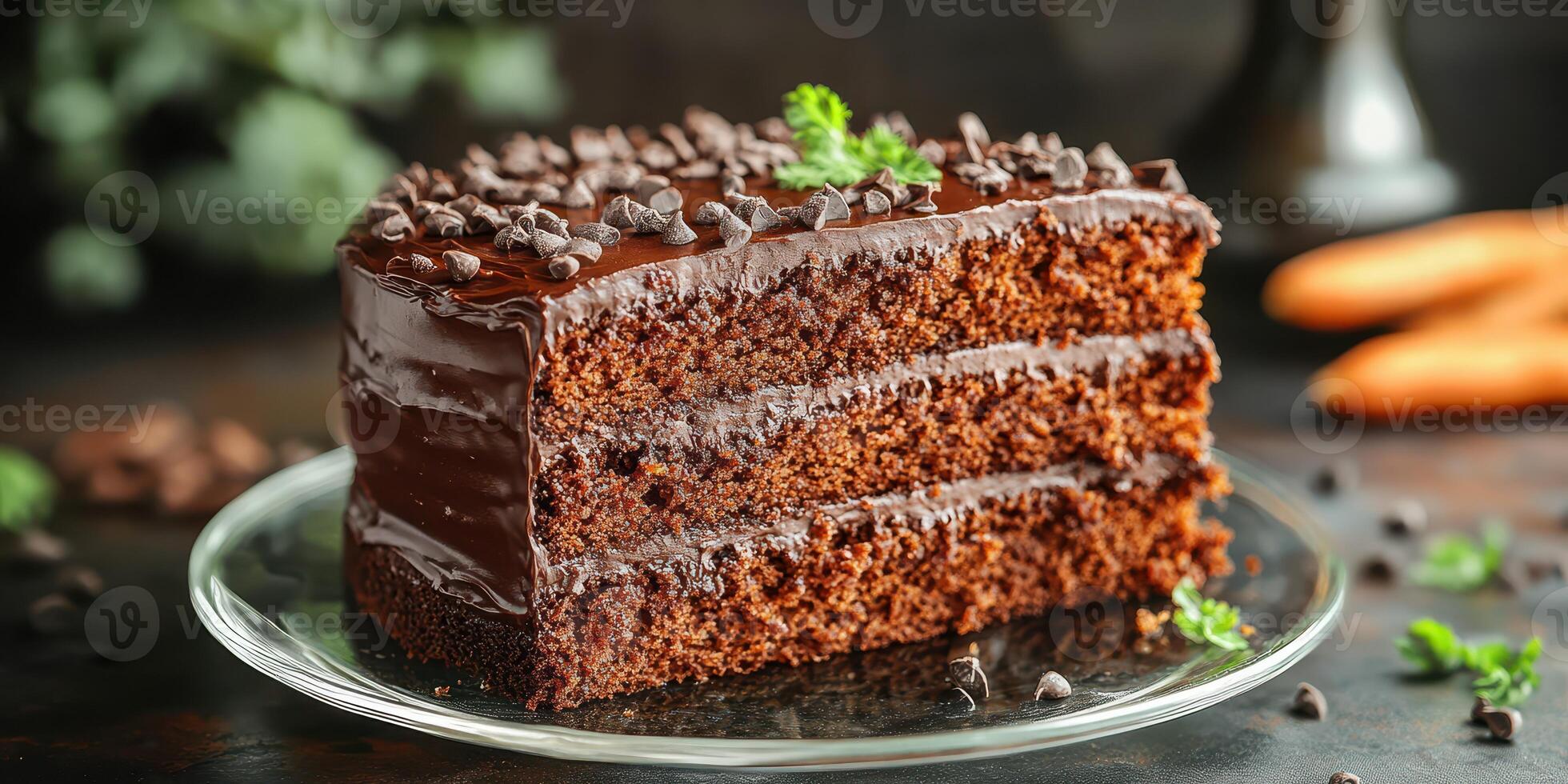 Delicious chocolate cake with chocolate chips and fresh garnish served on a glass plate in a cozy setting photo