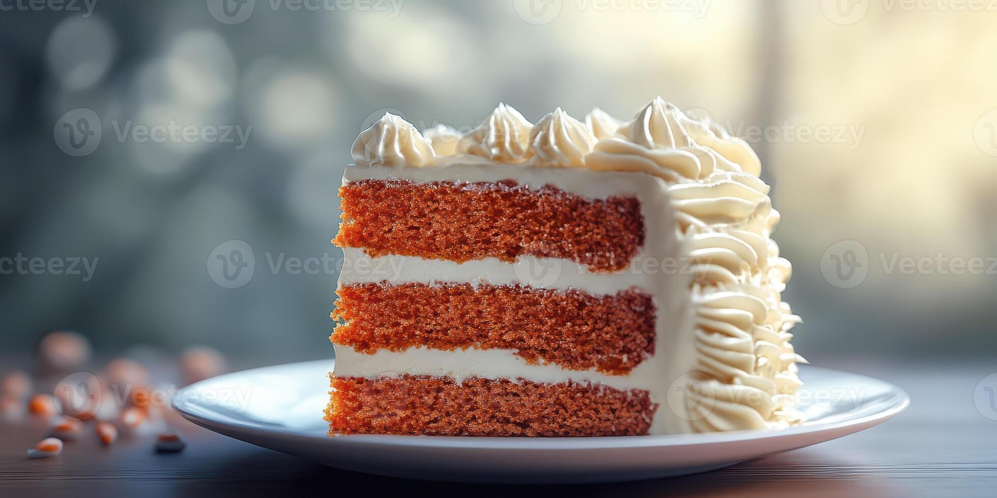 Layered carrot cake with cream cheese frosting displayed on a white plate in soft natural light photo