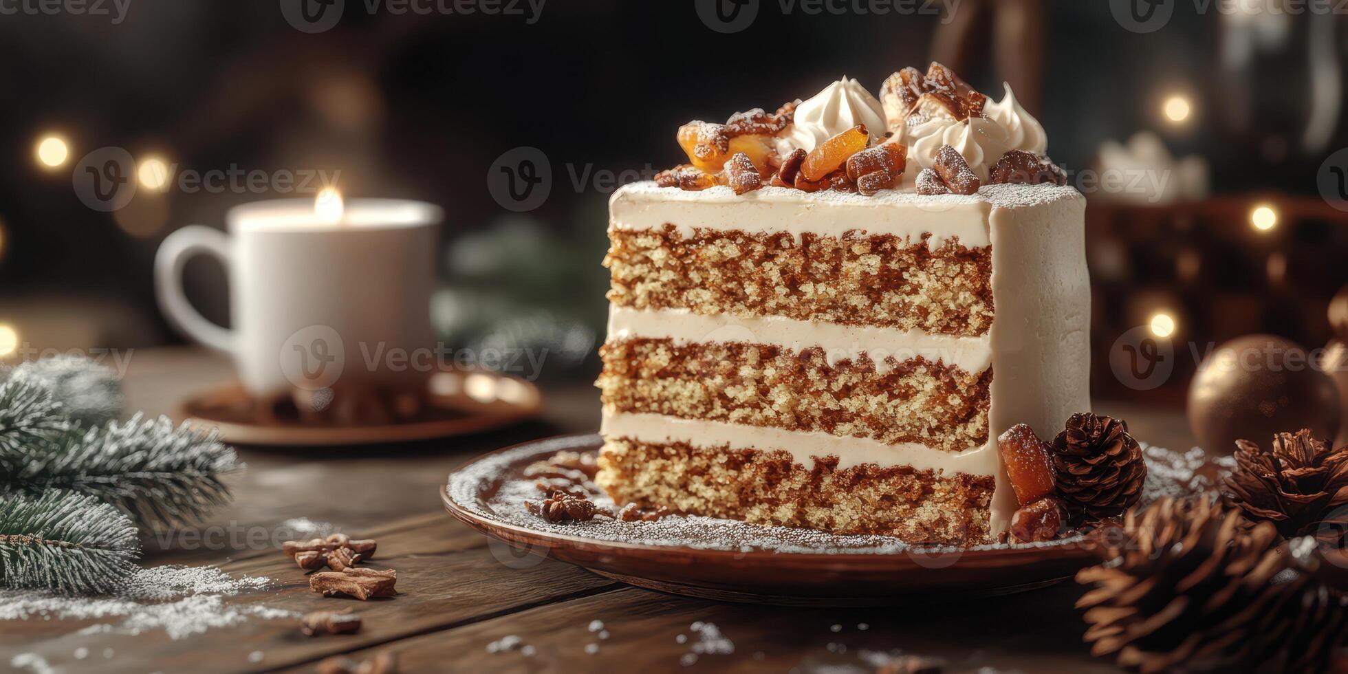 Delicious layered cake with cream topping and decorative nuts on a rustic wooden table during a cozy winter evening photo