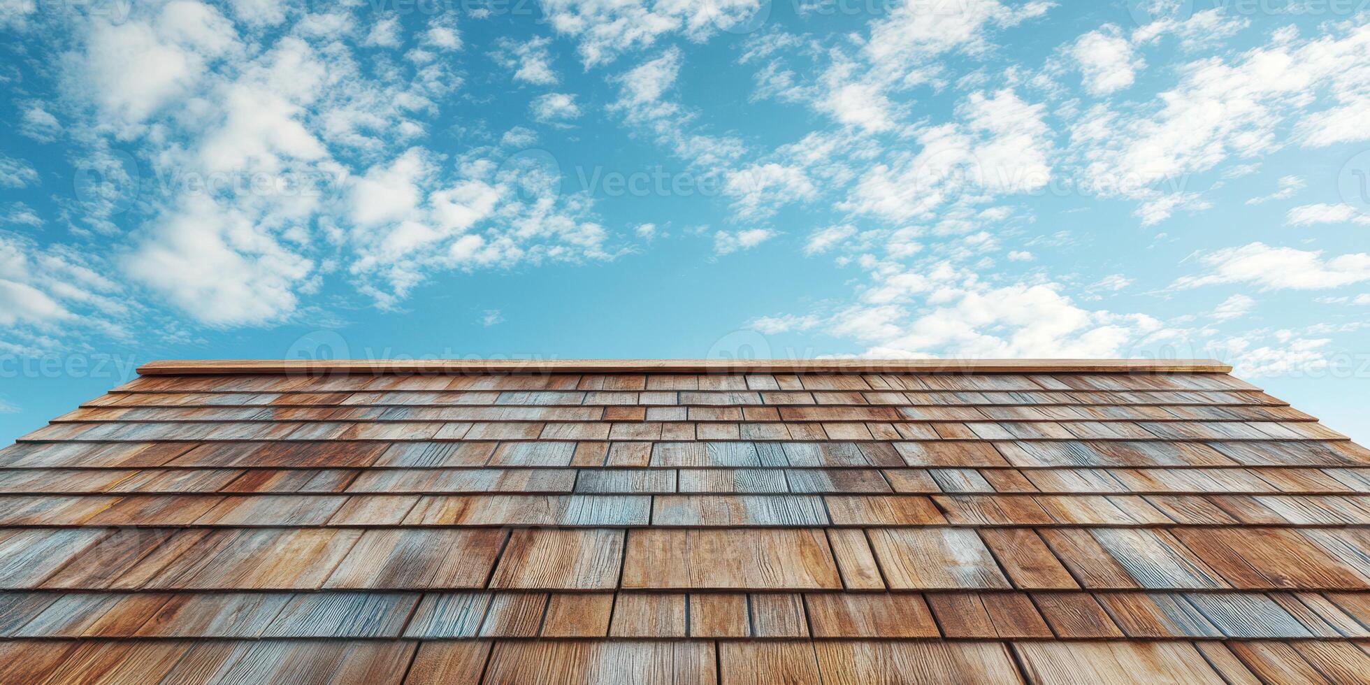 Wooden shingles reflect sunlight under a blue sky with scattered clouds during a sunny day in a rural setting photo