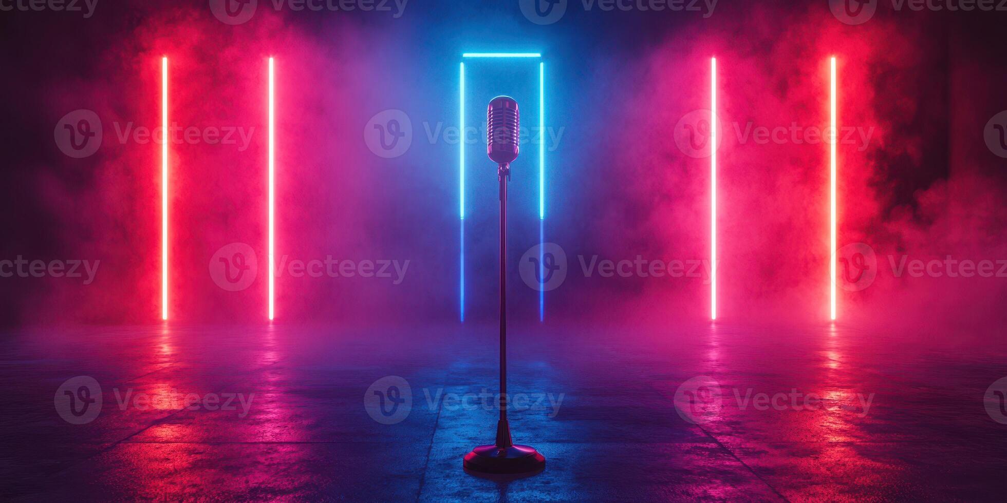 Dramatic stage setup with a vintage microphone surrounded by colorful neon lights and smoke effects in a dark environment photo
