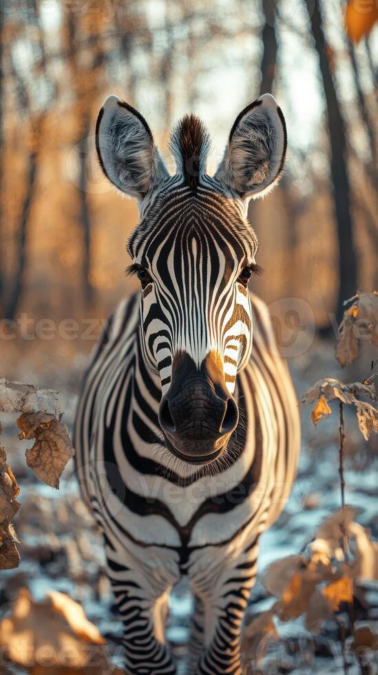 Zebra stands calmly in autumn forest with golden leaves and soft sunlight filtering through trees photo