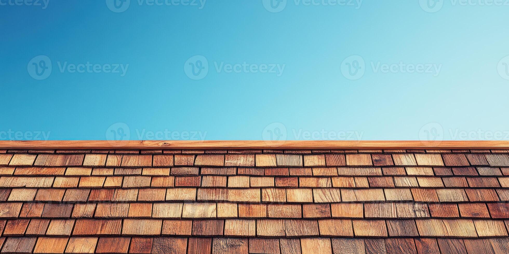 Wooden roof with clear blue sky at midday highlights craftsmanship and natural materials photo