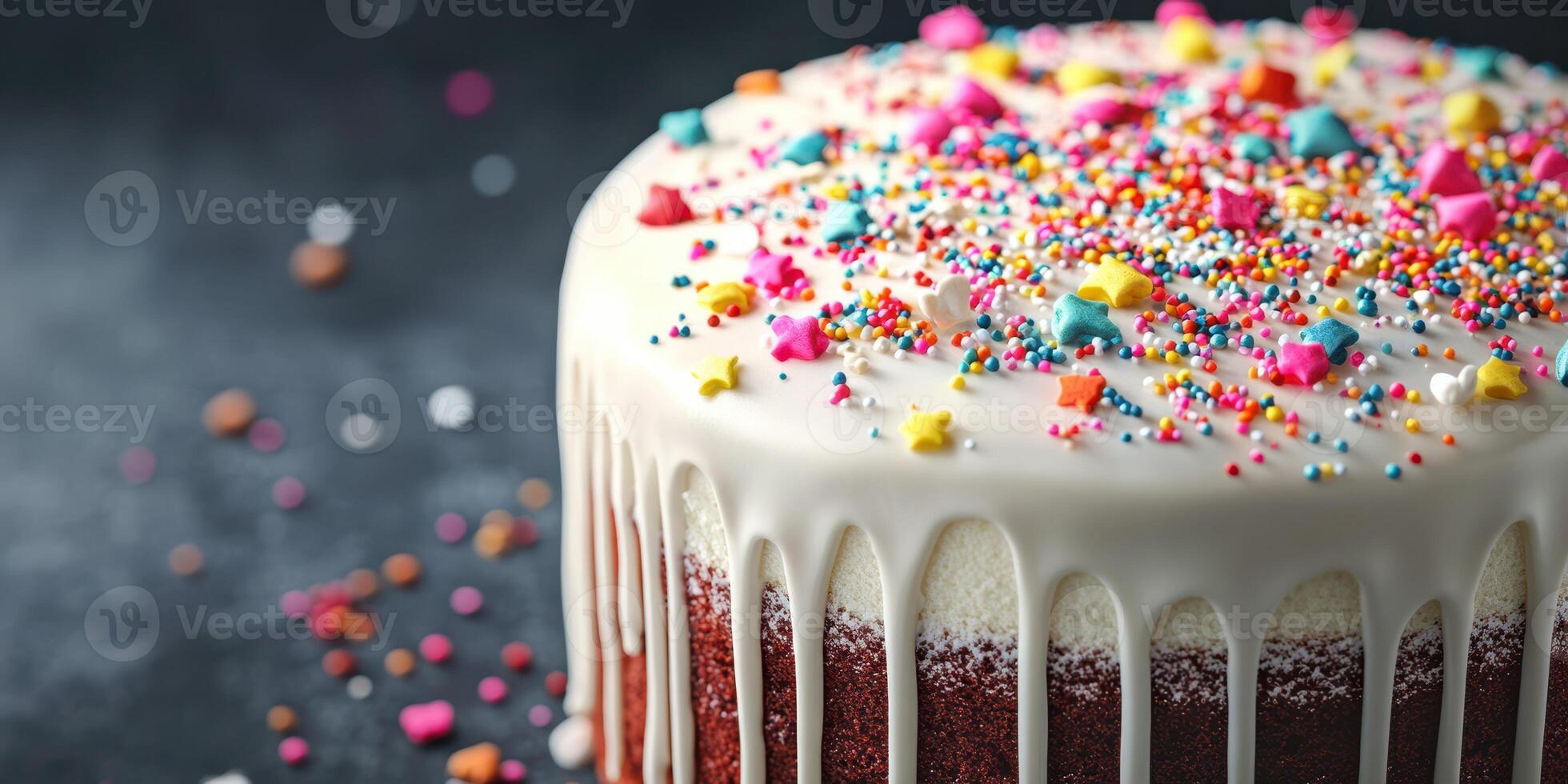 Colorful cake adorned with sprinkles and icing on a dark background in a joyful celebration setting photo