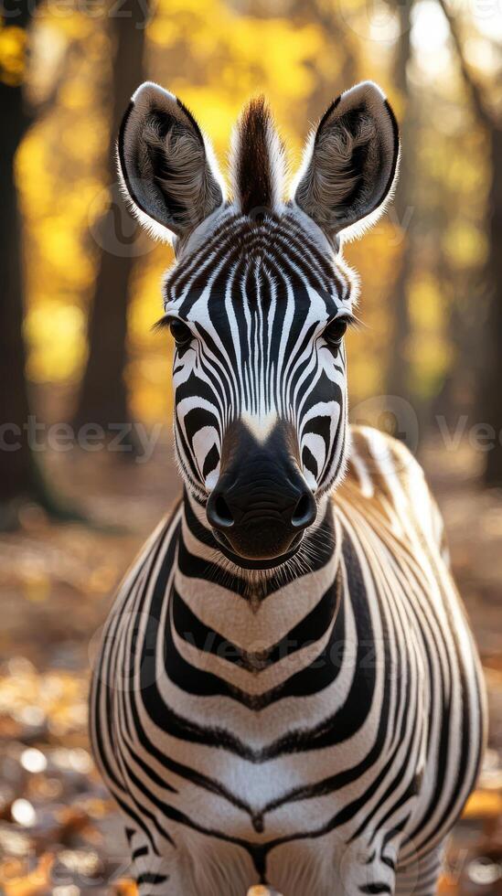 Zebra stands proudly in a golden forest, welcoming the autumn sun with its striking black and white stripes in a tranquil moment photo